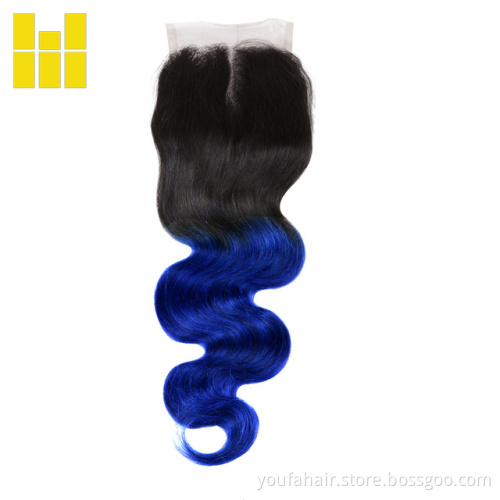 Ombre Pre Colored Brazilian Body Wave Curly 4x4 Lace Frontal Closure, 100% Human Virgin Hair Bundles 1b/blue Swiss Lace Closures